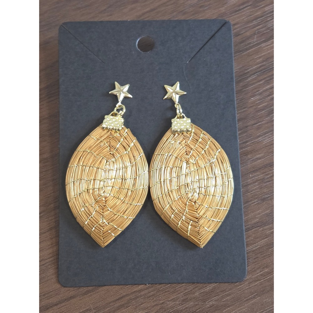 Golden Grass Woven Leaf Star Stud Earrings Boho Celestial Statement Jewelry